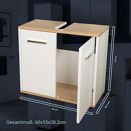 BadeDu Arc Waschbeckenunterschrank freistehend mit Chromgriffen, Badezimmerschrank mit viel Stauraum, Unterschrank aus hochwertigem Holzwerkstoff in trendigem Weiß/Eiche