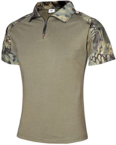 NXDRS Maglietta Militare Tattica da Uomo Maglietta Polo 1/4 con Zip Maglietta Mimetica, Maglietta Leggera a Maniche Corte per Caccia Pesca Escursionismo (Green Python,M)