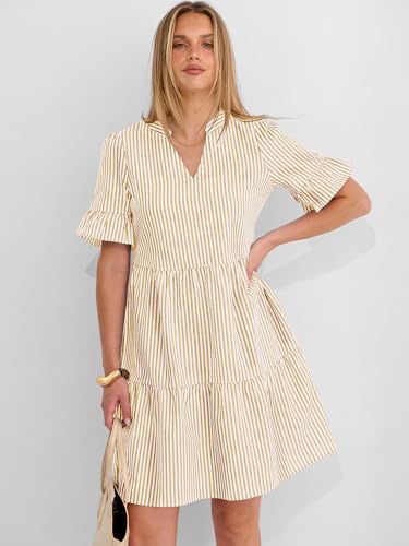 Image of Caracilia Dresses for Women Summer 2026 Striped V Neck Ruffle Sleeve A Line Tiered Flowy Casual Mini Beach Dress with Pockets