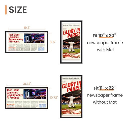 Image of upsimples 11x22 newspaper frame, Display Pictures 10x20 with Mat or 11x22 Without, Wall Hanging Photo Frame, Black, 1 Pack