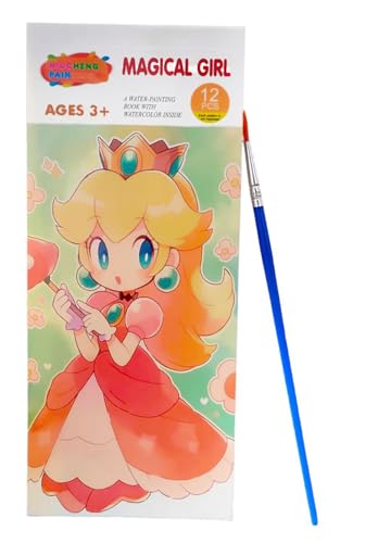 GLUN® Blocco note per bambini, 12 pagine diverse, libro per pittura ad acquerello con pennello per pittura ad acquerello, tema diverso (ragazza magica)