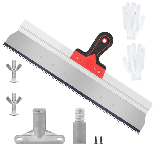 CPORSP Stehrakel Großflächenrakel 560mm mit Stielhalterung & Handschuhen Edelstahl Flächenspachtel Zahnspachtel mit Softgriff für Ausgleichsmasse Werkzeug