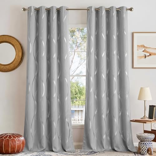 NICETOWN Silver Grey Pattern Curtains for Bedroom 52 x 84 Inch Noise Reducing Thermal Insulated Wave Line Foil Print Design Room Darkening Window for Patio Sliding Glass Door(2 Panels)