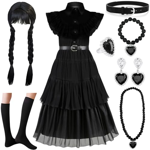 NCKIHRKK Disfraz Halloween para Niña, Halloween Disfraz Vestido con Peluca y Accesorios de Joyería, Niño para Halloweens Carnaval Cumpleaños Cosplay Fiesta, Vestido Costume Niña 9-10 Años, 140cm