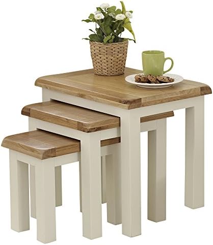 The Furniture Market Cotswold Cream Painted Nest of Three Coffee Tables with Oak Tops - Premium Quality Cream Painted Side Tables - Natural Oak Tops with Satin Lacquer - H 500mm x W 550mm x D 400mm