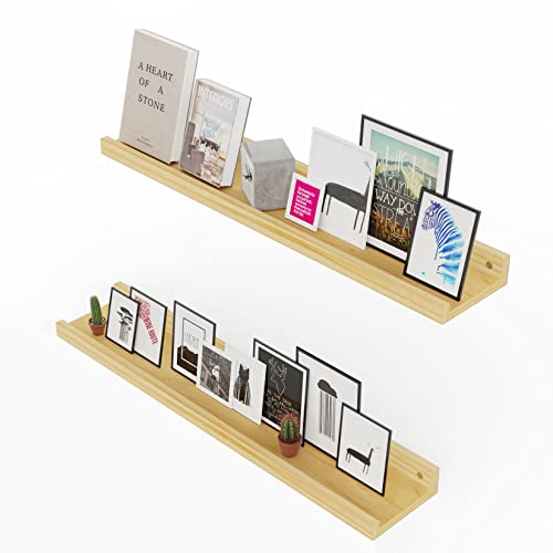 unho Étagère Flottante Murale Bois, Lot de 2 Étagère Murale avec Rebords de Rangement pour Cadres Photo Bibelots Couloir Salon Cuisine Chambre Bureau Mat - 60cm Chêne