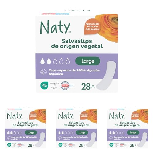 Naty Salvaslips Large | Capa superior de 100% algodón orgánico| Seguro para la piel | Sin perfume, 0% plástico convencional | Cómodos y transpirables | 28 unidades (Paquete de 4)