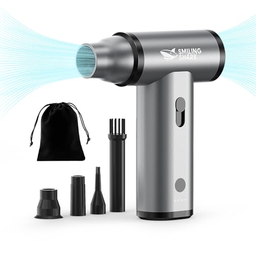 Smiling Shark Electric Air Duster, J01 Brushless Motor 130000RPM Stepless Speed Compressed Air Duster Rechargeable Full Body Aluminum Alloy Tiny Air Blower PC/Keyborad/BBQ/Car/Camping, Grey