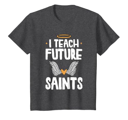 I Teach Future Saints Catholic Educator Teacher T-Shirt, Youth, Dark Heather Grey, Large