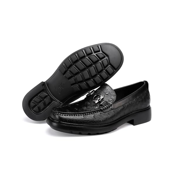 Luxury Men's Genuine Leather Dress Shoes Classic Fashion Ostrich Patterned Business Shoes Party Buckle Penny Loafer for Men, Black - Image 6