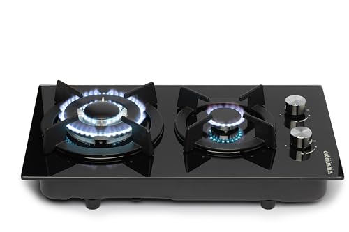 Wynwood Bellatrix Placa De Cocina De Gas 2 Quemadores Cristal Templado 7mm Encimera Gas GPL Con Soporte Hierro Fundido Quemador Sabaf 3.3kW + 1kW Encendido Automático Integrable