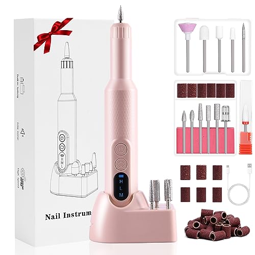 URAQT Torno para Uñas, Velocidad Adjustable de 18000 RPM Drill para Uñas Profesional, Limas de Uñas Eléctrica Portátil, Set de Manicura y Pedicura con Base de Carga Inalámbrica (Rosado)