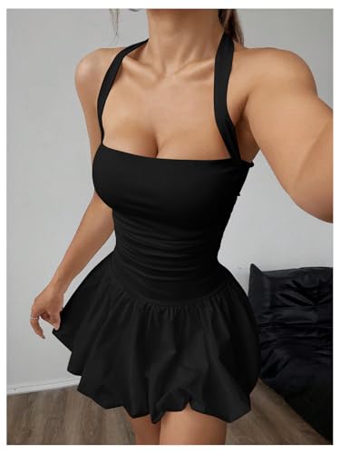 SOLY HUX Women's Bubble Mini Dress Y2K Halter Backless Club Party Graduation Short Dresses with Shorts Underneath3