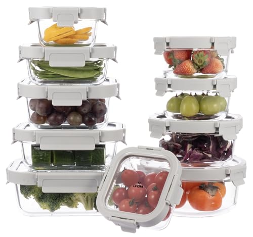 LEOM Glass Meal Prep Containers With Airtight Glass Lid, Food Storage Containers Set, Leakproof, Lunch Box Adult, Microwave Oven Freezer & Dishwasher Safe, BPA Free, ECO-FRIENDLY, 10 Pack