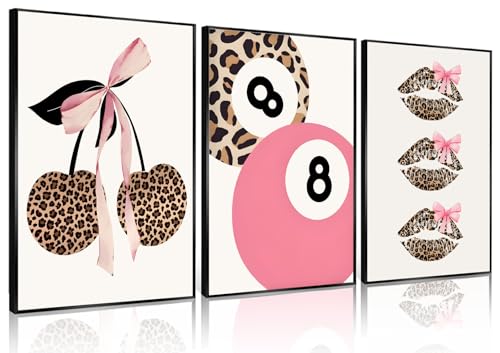 Trendy Pink Leopard Bow Wall Art Set of 3 Funky Cherry Lucky 8 Ball Posters Prints Cute Coquette Preppy Room Aesthetic Wall Decor Pictures for Girls Bedroom Apartment Dorm Unframed 12x16in by QQG - Used condition - US$10.41