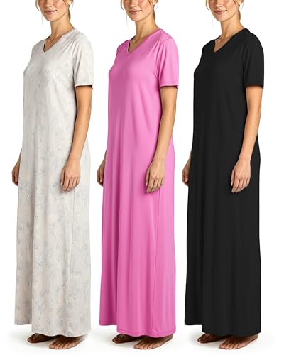 Image of Real Essentials 3 Pack: Women's Soft Maxi Long Nightshirt Short Sleeve Soft Nightgown Sleep Dress (Available in Plus Size)