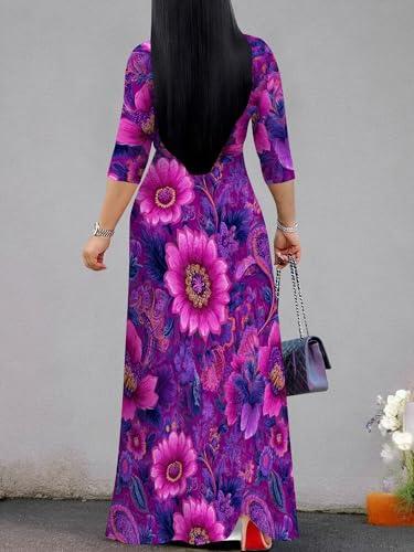 Image of SUZONANA Plus Size Dresses for Women Floral Print Maxi Dress Flowy 3 /4 Sleeve with Belt
