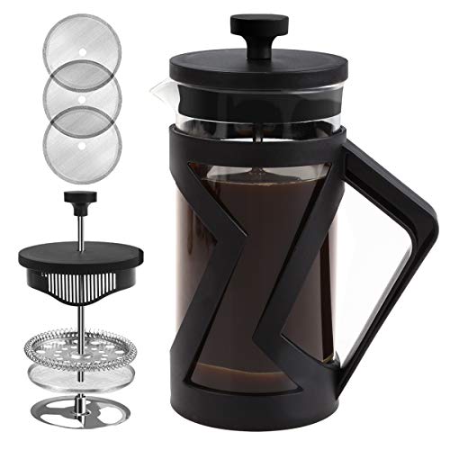 FAVIA French Press Coffee Maker with 4 Filters 21oz Heat Resistant Durable Borosilicate Glass for Camping Portable FBA Free Dishwasher Safe 600ML 21oz Black