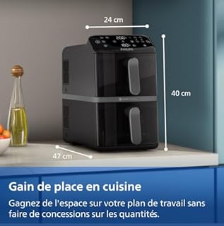 Philips Airfryer Série 4000 – Air Fryer VerticalDuo, 10L, RapidAir, 13 modes de cuisson, synchronisation, gain de 45% d’espace, revêtement céramique sans PFAS, fenêtres de cuisson, Noir (NA460/00) "