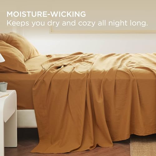 Bedsure Linen Sheets - Queen Size Bed, Blend from Linen Cotton Bedsheets, Breathable Cotton Bedsheets, Gifts for All Seasons, 4 Pieces, Pumpkin Yellow