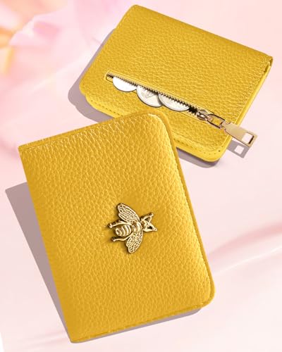 Image of Bistup Leather 12 Slot Accordion Card Holder Wallet, Yellow Bee | Accordion Storage, Zipper Around Closure, Compact Patterned Wallet for IDs, Cards, Cash, Daily Carry and Gifts