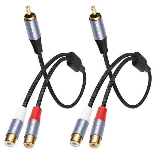 HUALEU 1ft Shielded RCA Splitter Subwoofer Stereo Audio Video Cable RCA 1 Male to 2 Female Y Adapter Connector Extension Cord 24k Gold Plated(2 Pack)