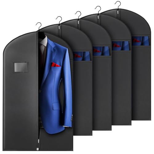 Hleelomi 5 Pack 40-inch Suit Bag Garment Bag for Travel and Storage, Garment Bags for Hanging Clothes with Zipper and Visible Transparent Window, Black