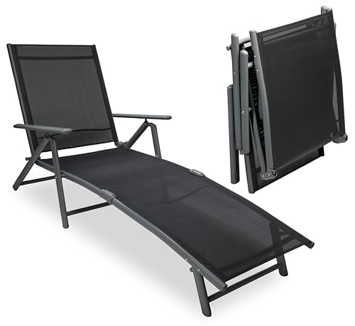 sunnypillow Sonnenliege klappbar - 150 kg belastbar - Gartenliege aus Aluminium für Garten Balkon Terrassen Pool wetterfest - Liegestuhl mit 8 Fach Verstellbarer Rückenlehne mit Armlehnen - Anthrazit