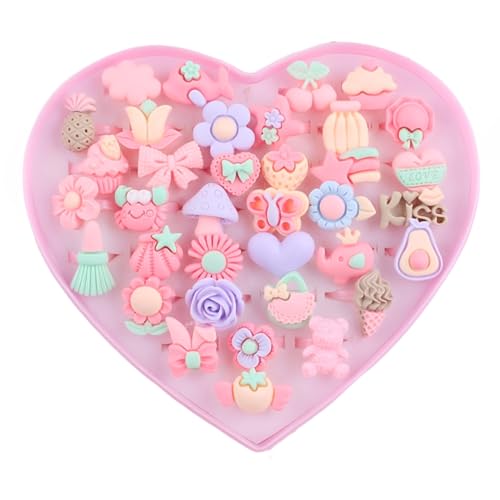 zurabini 36 Stück Kinderringe Mädchen, Kawaii Nagel Charms, Kinder Dress Up Ring Set mit Herzform Vitrine für Kinder Geburtstag Party Favors
