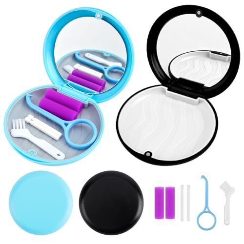 2Pcs Retainer Cases with Mirror Slim Aligner Case with Removal Tools&Brush Magnetic Closure Invisalign Case Removable Inner Tray Silicone for Easy CleaningBlack and Blue