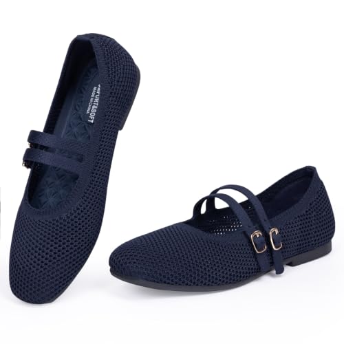 Image of Frank Mully Women's Flats Square Toe Mary Jane Shoes Ballet Flats with Strap Comfortable Slip On Knit Shoes Dressy Casual