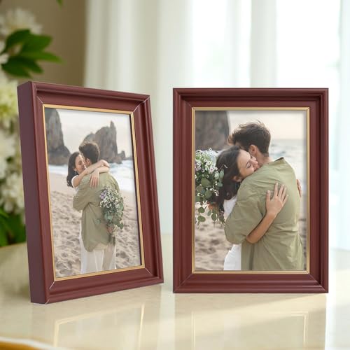Image of GOLDEN PEACOCK Set of 2 5x7 Inch Photo Frames - Rich Congo Brown with Gold Trim | Classic Wall Hanging & Tabletop Picture Frames for Home Decor & Gifting