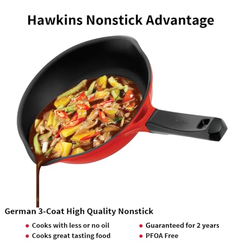 Image of Hawkins 20 cm Frying Pan, Die Cast Non Stick Fry Pan with Glass Lid, Ceramic Coated Pan, Induction Frying Pan, Small Frying Pan, Red (IDCF20G)