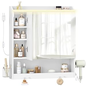 HEXCELEN 70 cm Spiegelschrank Bad, Badezimmerschrank mit Spiegel, Wandschrank mit 3 Türen, Verstellbarer Etagen, mit Haken, für Badezimmer, 15 x 70 x 78, 8 cm, Weiß