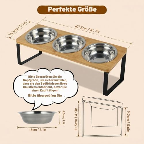 Katzen Futternapf 3er Set, Katzennäpfe Erhöht mit 15°Gekippte Holz Ständer, Ergonomischer Futterstation Katze mit Edelstahl Näpfe für… – Ansicht 2