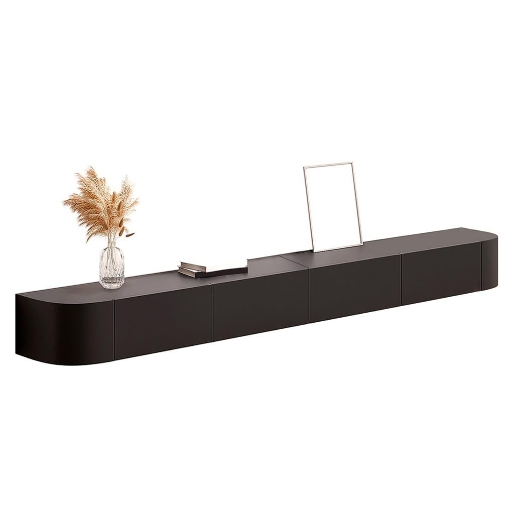 Meuble TV moderne noir flottant, console murale en bois avec trou de gestion des câbles, unité de divertissement élégante pour la maison, design peu encombrant (300 x 24 cm)