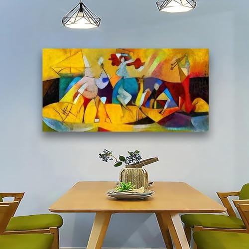 Tableau abstrait jaune et rouge d'exception 70x144cm sous cadre noir premium