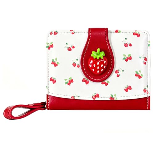 Image of Cute Print Wallet Blueberry Strawberry Cherry Wallet with Credit Card Slot Zipper Coin Pocket for Women Girls (RED STRAWBERRY)