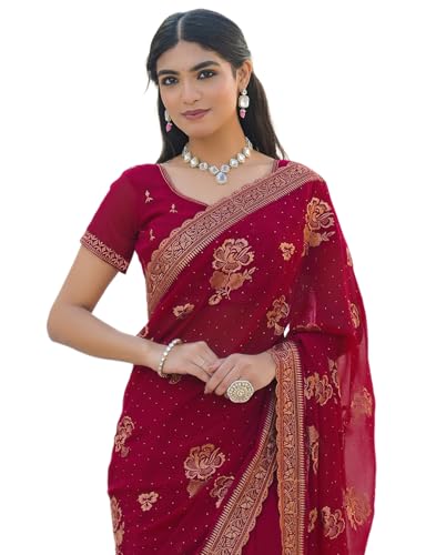 Image of SIRIL Women's Georgette Embroidery Saree With Unstitched Blouse