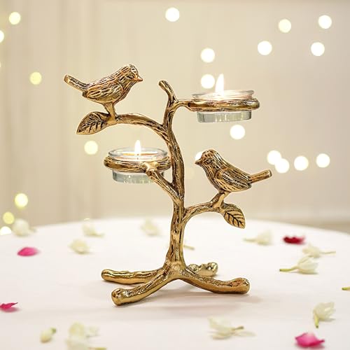Image of BEHOMA Metal Romantic Love Birds Tree Candle Holder | Blessing Birds Tea Light Centerpiece for Home Decor & Living Room | Couple Gift for Valentine's Day, Wedding, Anniversary & Housewarming - Gold