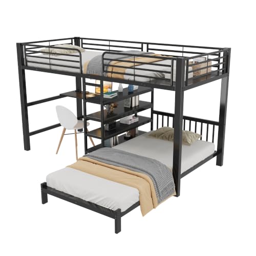 Cama alta de 2 plazas con escritorio y toma USB, 90 x 200 cm, color negro