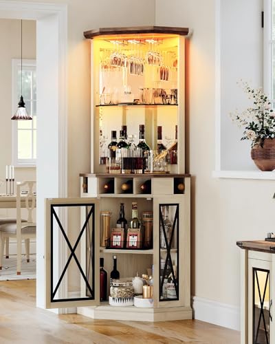 DWVO Corner Bar Cabinet with LED, 72" Tall Farmhouse Wine Cabinets, Liquor Stand w/Tempered Glass Door & Adjustable Shelf, Alcohol Storage with Wine Rack & Glass Holder for Living Room, Off White