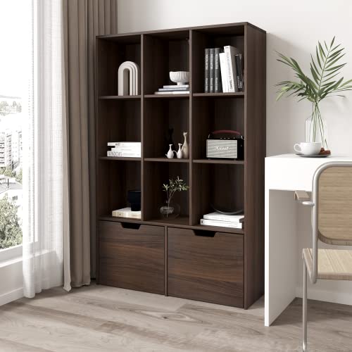 Assile Bookcase Modern Bookshelf With 9 Cubes Open Shelf And 2 Drawers, With Waterproof Material For Living Room, Dining Room And Study Room In Brown #TOP4