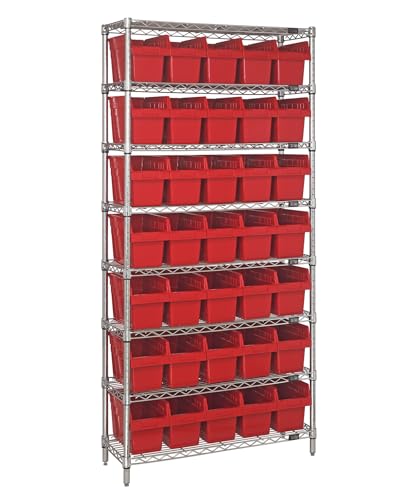 QUANTUM STORAGE SYSTEMS WR8-802RD Wire Heavy Duty 8 Shelves 35 STORE-MAX Red Bins 74" H x 36" W x 12" D