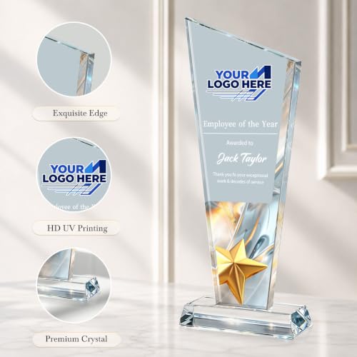 Image of Custom Crystal Trophy Award Personalized Plaque Award with Text Logo Photo Awards Trophies for Employee Recognition Team Graduation Personalized Office Gifts for Boss Coworker Teacher