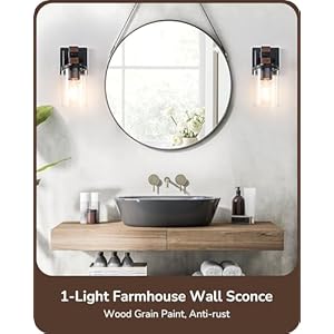 Edishine wall sconces set of 2 farmhouse vanity lights fixtures for bathroom 1 light faux wood rustic bath wall mount lamp with clear glass shade for hallway living room mirror kitchen  urban country home decor