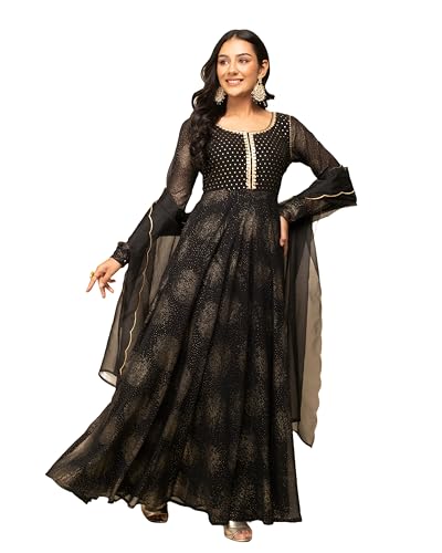 Image of FIORRA Women's Fit And Flare Floor Length Georgette Printed Gown With Dupatta
