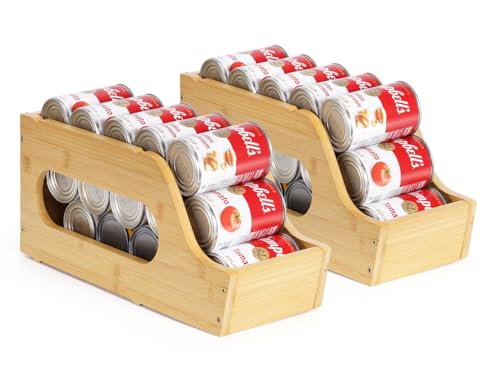 Aclema 2 Pack Bamboo Can Organizer for Pantry, Soda Can Dispenser Rack Drink Holders Stackable Canned Goods Storage for Pantry Kitchen Cabinet Up To 30 Cans