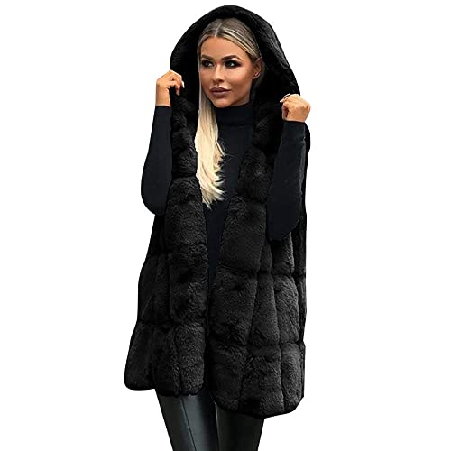 Onsoyours Femme Gilet Veste à Capuche en Fausse Fourrure Gilet Long Manteau sans Manches Femmes Hiver Chaud Vestes A Noir 3XL