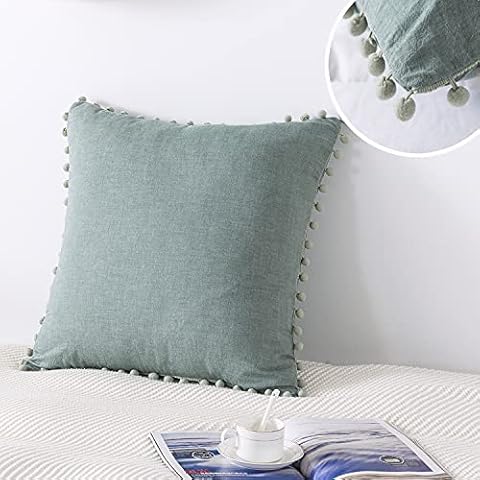Softta Euro Sham Covers 26 x 26 Inch Pompom Throw Pillow Covers Pack of 2 Vintage Ethnic 100% Washed Cotton Throw Pillows Cushion Green Cover